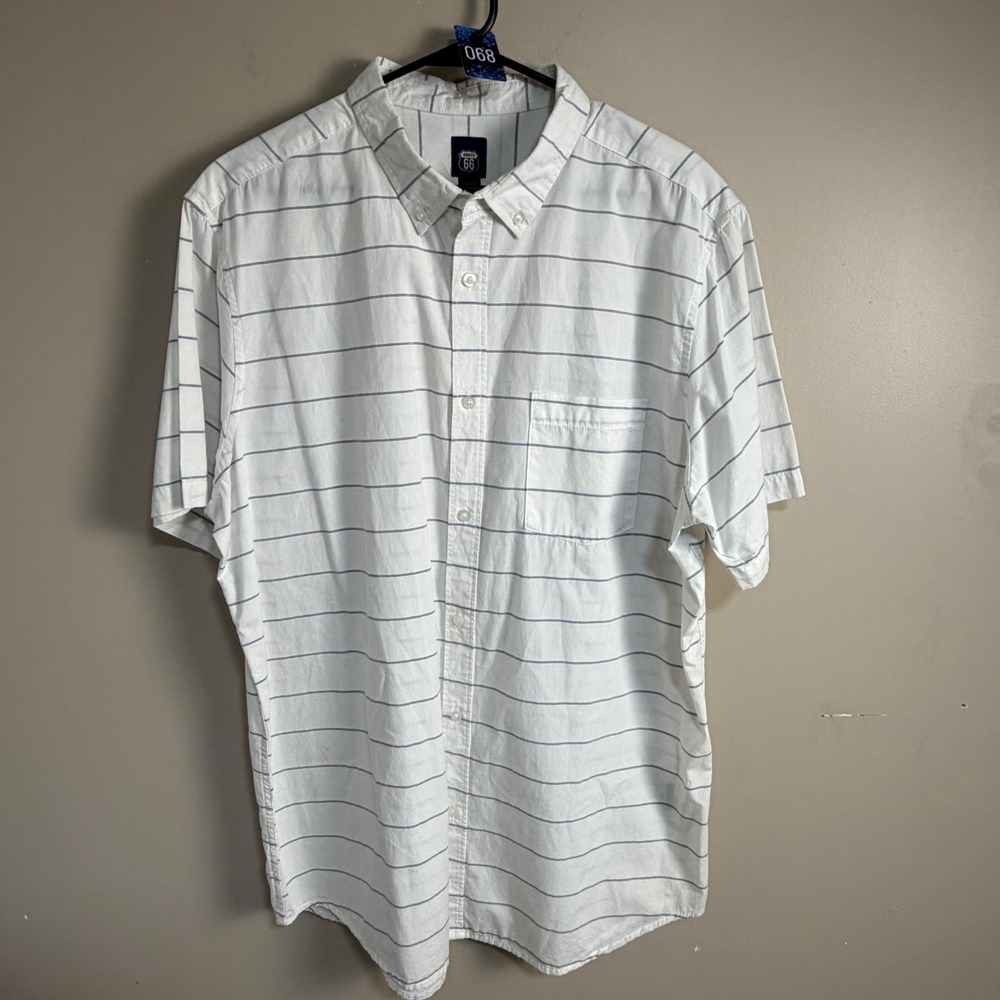 Route 66 Mens White Blue Striped Short Sleeve Button Down Shirt XXLT Tall Cotton